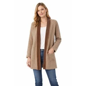 J Jill Cardigan Sweater Womens LP Brown Merino Wool Velvet Trim Open Front